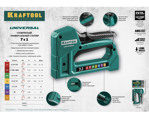 Степлер мебельный 7-в-1: 53, 140, 13, 53F, 36, 300, 500, со скобами KRAFTOOL