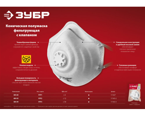 Полумаска фильтрующая, FFP1, 3-х сл с клапаном ЗУБР ФК-80